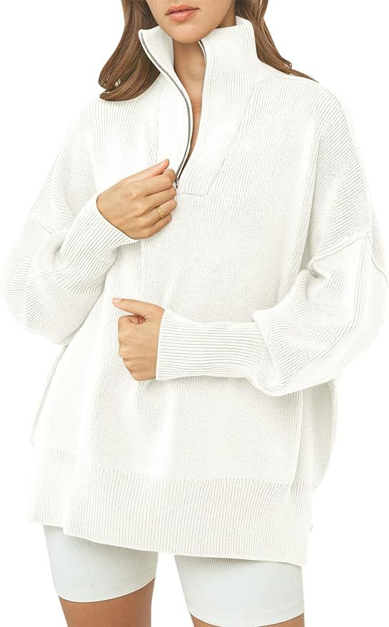 ANRABESS Women's Oversized Sweater 2023 Fall Long Sleeve Quarter Zipper Collar Drop Shoulder Slou... | Amazon (US)