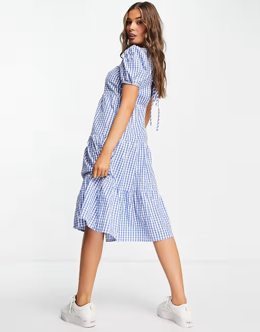 Influence midi dress with tie back in blue gingham | ASOS (Global)
