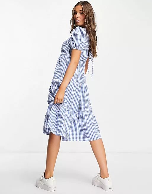 Influence midi dress with tie back in blue gingham | ASOS (Global)