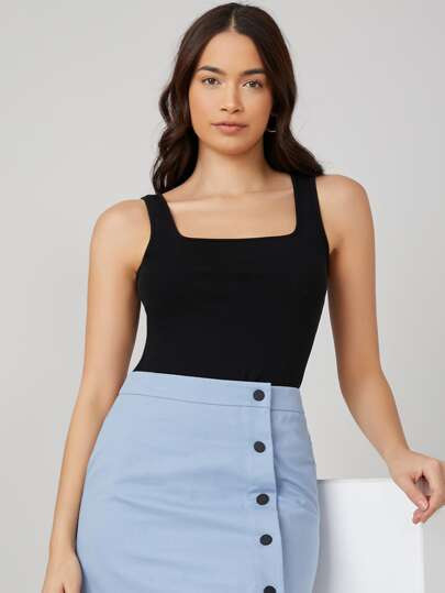 SHEIN BASICS Square Neck Solid Tank Top | SHEIN