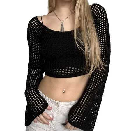 Ladies Fishnet Crochet Crop Top with Long Sleeves for Bikini Cover-Up | Walmart (US)