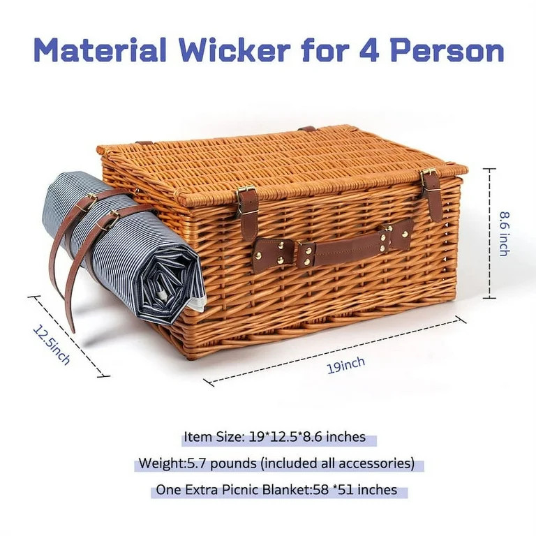 iLivin Hand-Woven Wicker Picnic Basket Set for 4, Insulated Drink Cooler Bag & Waterproof Blanket... | Walmart (US)
