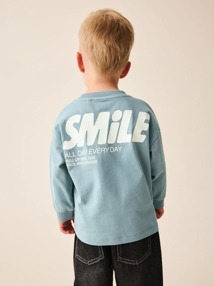 Mineral Blue Smile All Day Everyday Long Sleeve Back Graphic T-Shirt (3mths-7yrs) | Next US