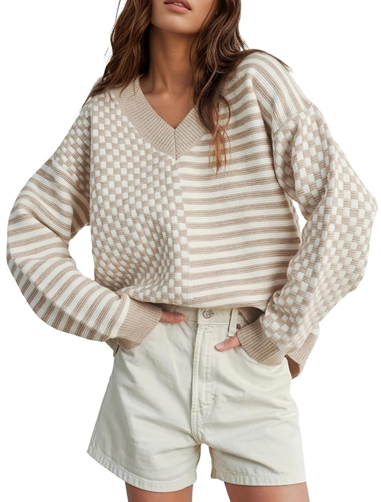 UNCLECAT Women's Striped Checkered Sweater 2025 V Neck Fall Sweaters Casual Knit Trendy Pullover ... | Amazon (US)