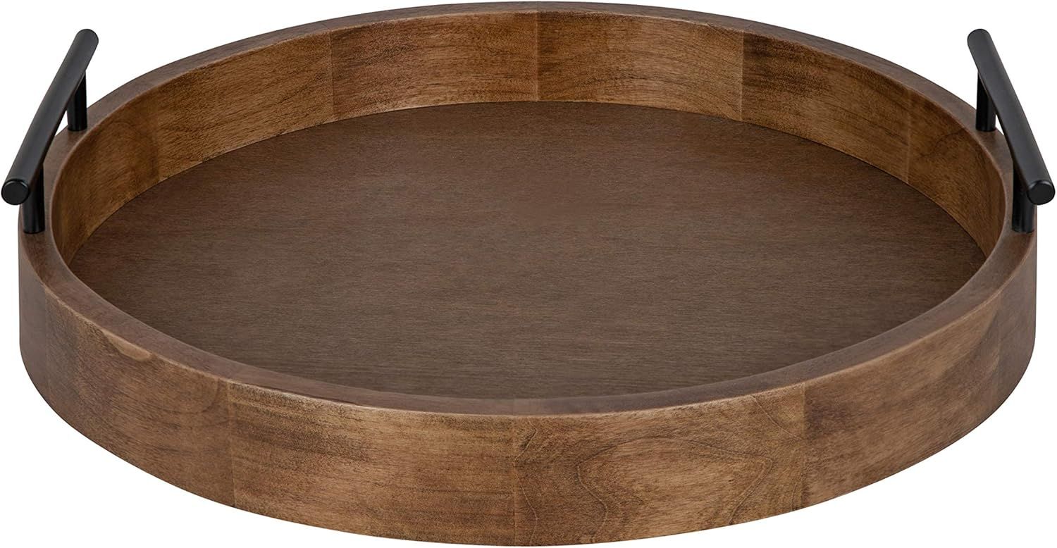 Kate and Laurel Lipton Modern Round Wood Tray, 15.5" Diameter, Rustic Brown with Black Handles, D... | Amazon (US)