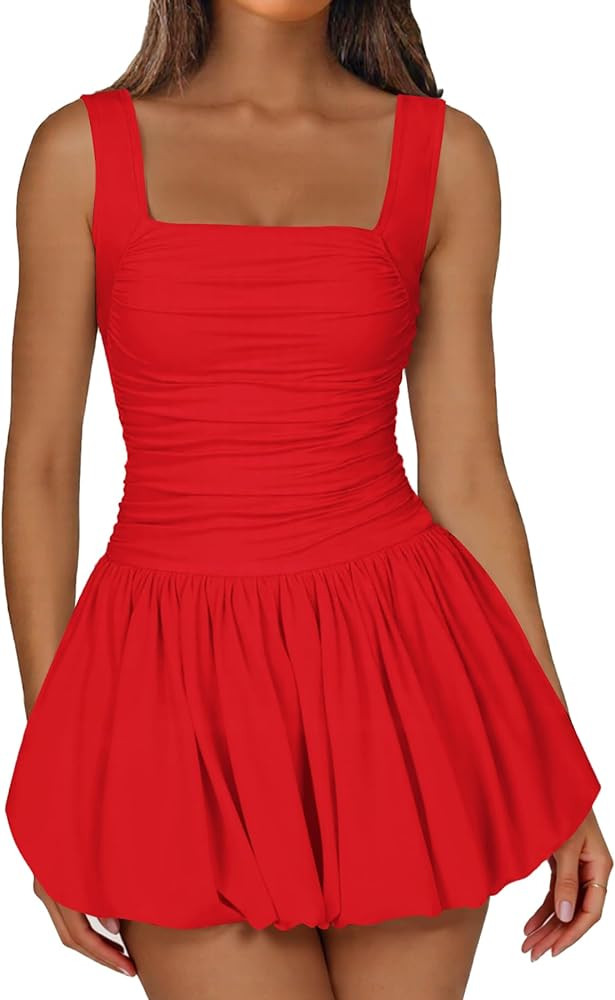 Summer Dresses for Women 2025 Casual Sleeveless Square Neck Bubble Ruched Tank Mini Short Dress w... | Amazon (US)