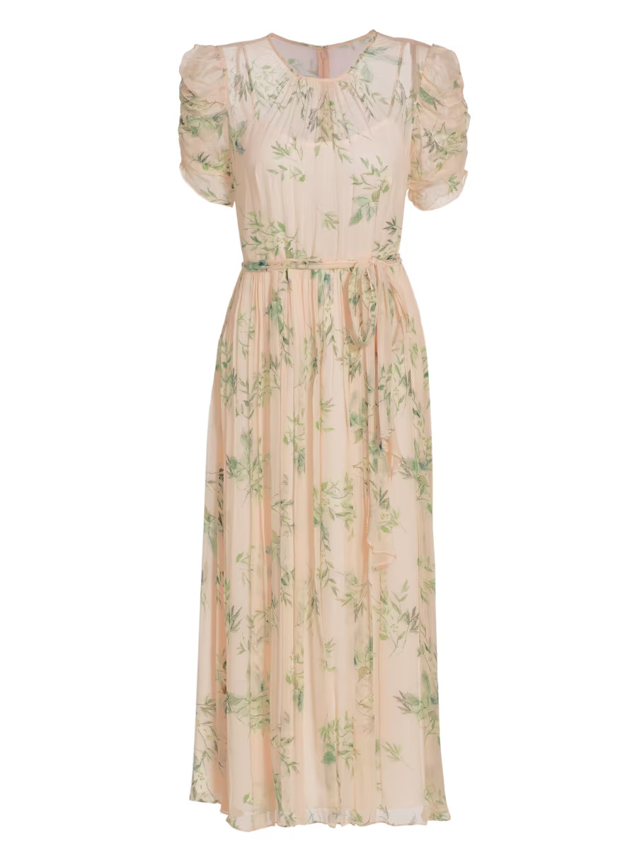 ML Monique Lhuillier Floral Chiffon Pleated Midi-Dress | Saks Fifth Avenue