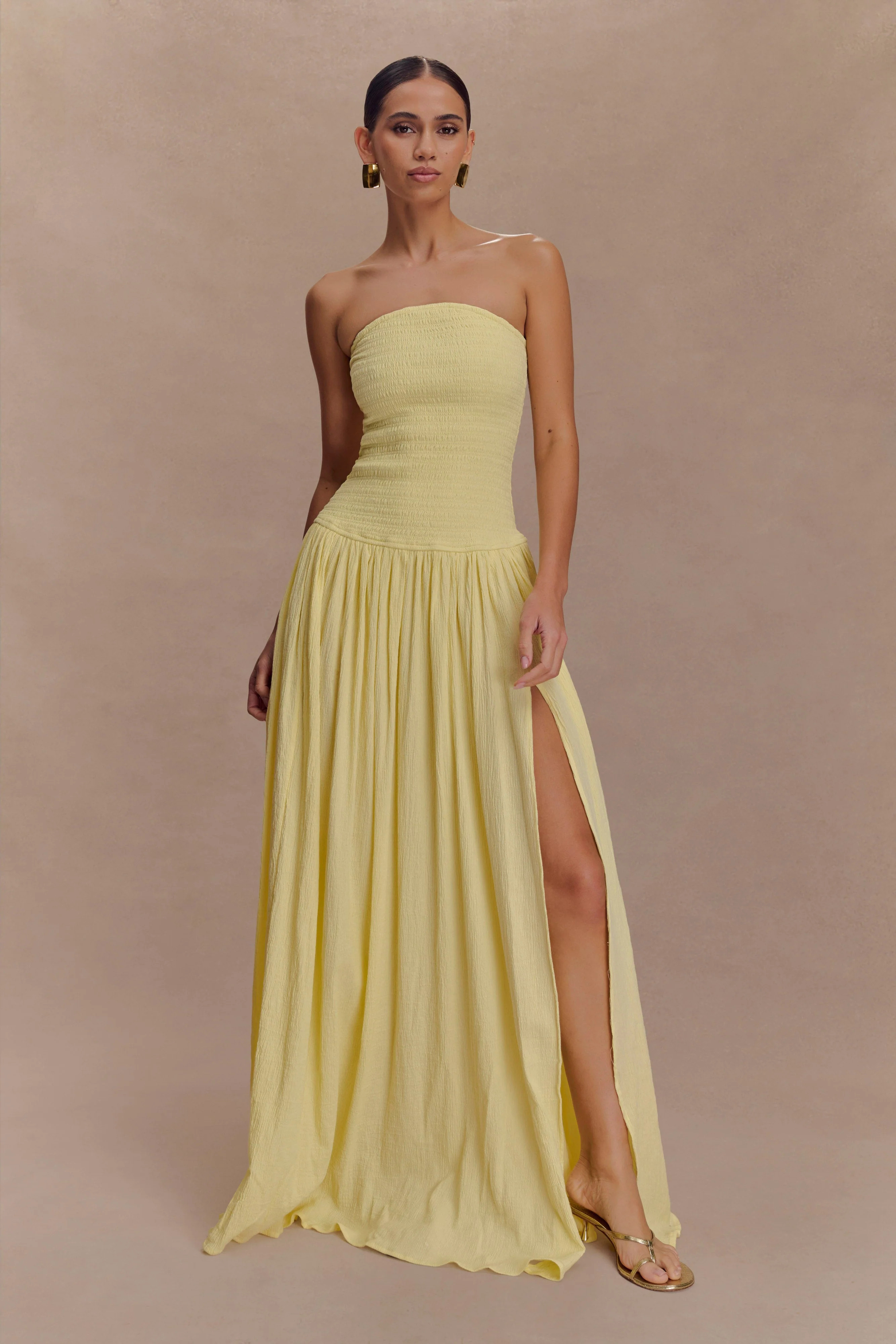 Maureen Cotton Shirring Maxi Dress - Lemon | MESHKI US
