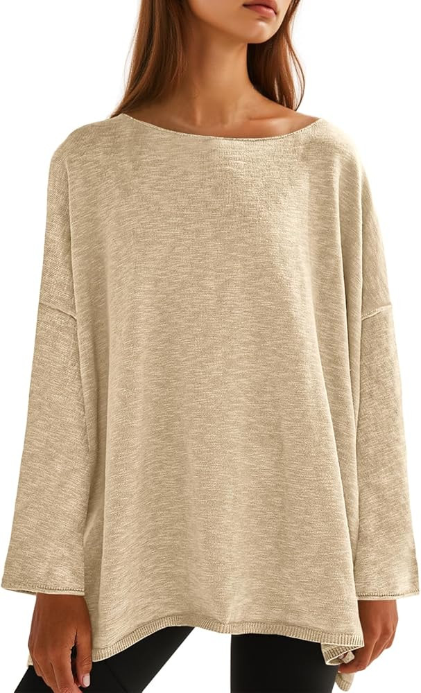 Tankaneo Womens Long Sleeve Shirts Oversized Lightweight Sweaters Crewneck Side Slit Hem Casual B... | Amazon (US)