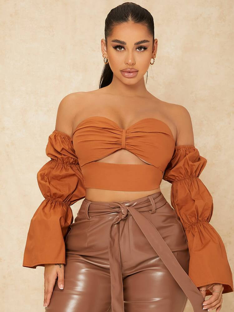 SHEIN SXY Off Shoulder Gathered Sleeve Cut Out Backless Top | SHEIN