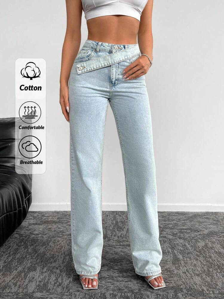 EURMUSE 100% Baumwolle Jeans Mit Asymmetrischer Taille Und Geradem Bein | SHEIN