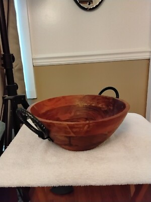 Wooden Bowl with Twisted Metal Handles | eBay US