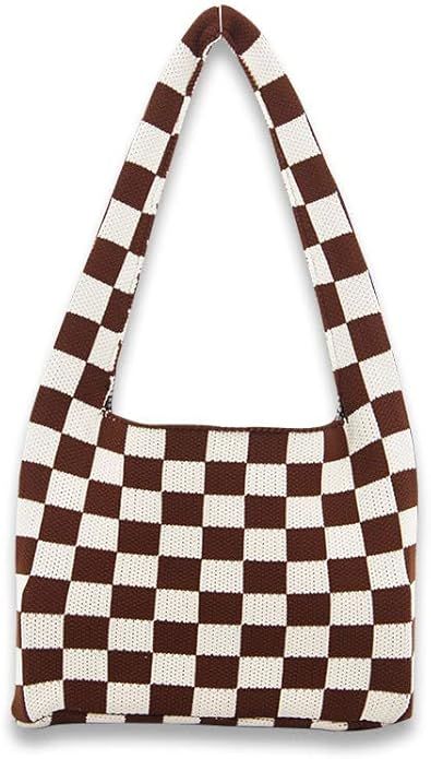 Knitted Wool Bag, Sweet Summer Trend Checkerboard Shoulder Bag, Check Stitching Tote Bag, Underar... | Amazon (UK)