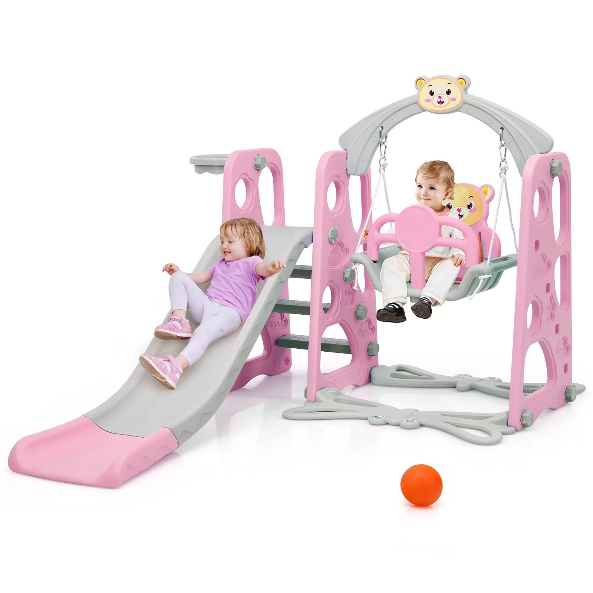 Costway 4-in-1 Toddler Climber and Swing Set w/ Basketball Hoop & Ball Pink | Walmart (US)