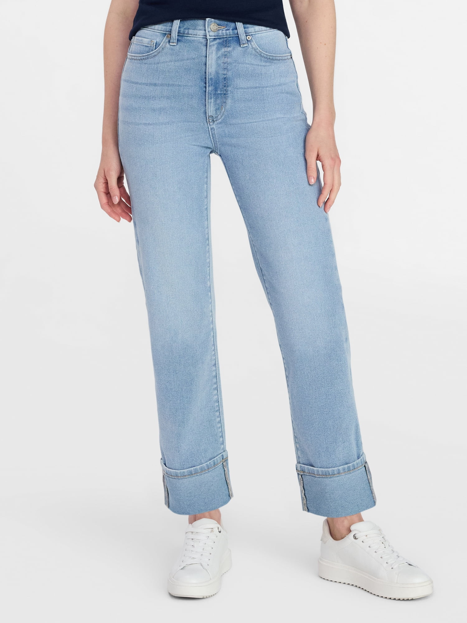 Time and Tru Women's High Rise Straight Leg Cuffed Jeans, 26.5" Inseam, Sizes 0-20 | Walmart (US)