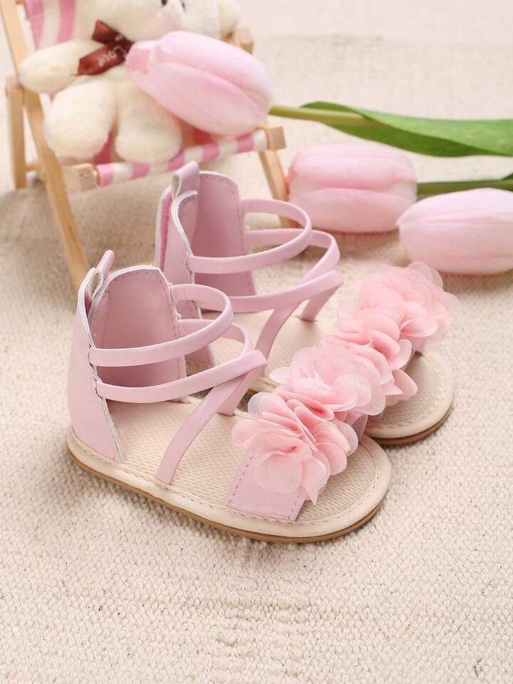 Baby Girls Flower Decor Criss Cross Open Toe Ankle Strap Flat Sandals For Summer | SHEIN