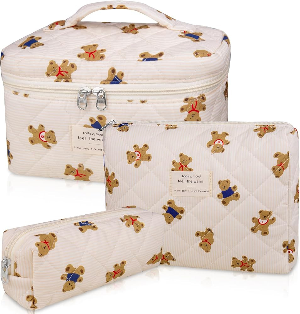 3PC Makeup Bag Set, Quilted Makeup Bag, Large Floral Cosmetic Bag for Women, Cute Cotton Makeup B... | Amazon (US)