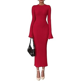 PRETTYGARDEN Sweater Dresses for Women 2025 Fall Bell Long Sleeve Crew Neck Bodycon Maxi Dress Wi... | Amazon (US)