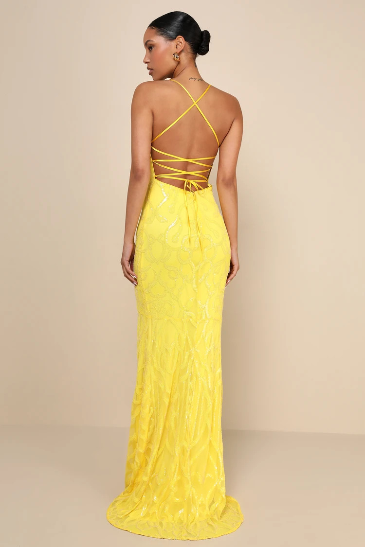 Perfect Enchantment Yellow Sequin Lace-Up Mermaid Maxi Dress | Lulus