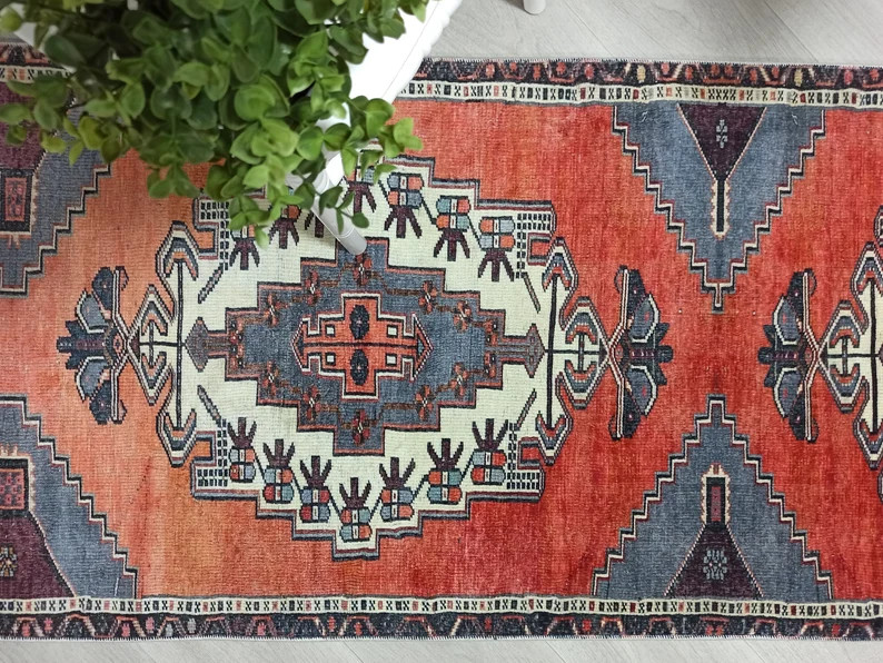 Turkish Runner Rug, Vintage Brunt Orange Coral Red Hallway Runners mat Custom Long Soft Rugs Bath... | Etsy (US)