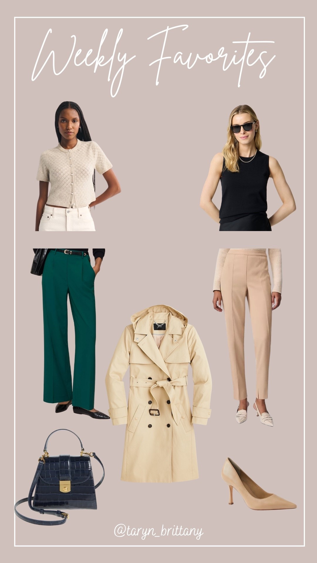 Weekly Favorites/Best Sellers 🩷

Short sleeve sweater 
Sweater shell 
Green work pants 
Tan work pants 
Trench coat 
Navy bag 
Nude heels 

#LTKSaleAlert #LTKSeasonal #LTKWorkwear