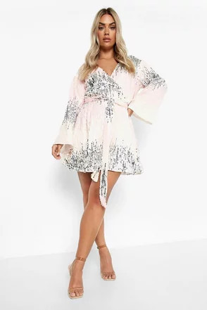 Plus Pastel Ombre Sequin Wrap Blouson Dress | Boohoo.com (US & CA)