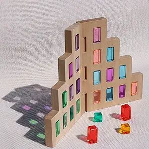 KOAICS 2PCS Beechwood Trapezoidal House Sets, Acrylic Gem Building Block Accessories, Wooden Buil... | Amazon (US)