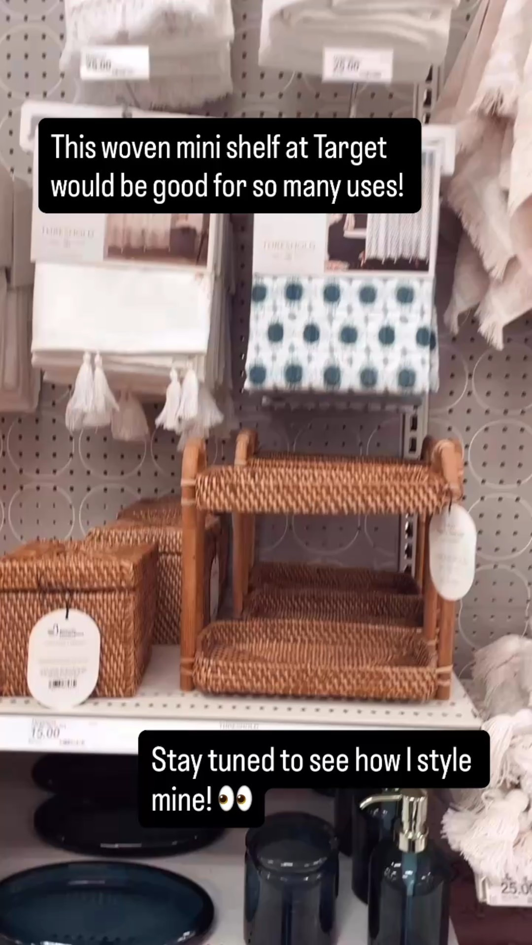I found this little woven rattan shelf or two tiered tray in the bathroom aisle at Target. I feel like it was so many uses and ways you could style it! Stay tuned to see how I style mine!! 👀

#LTKStyleTip #LTKHome #LTKFindsUnder50