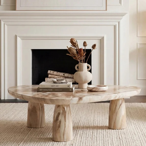 Dayalane 37.5" Modern Beige Triangle Coffee Table with Chunky Legs, Faux Marble Organic Center Ta... | Walmart (US)