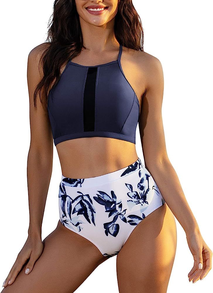 Ekouaer Women High Waisted Swimsuit Two Piece Bathing Suits Bikini Set Leaf Print Bikini | Amazon (US)