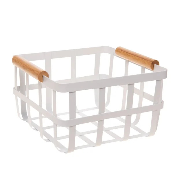 Simplify Square Metal Basket with Bamboo Handles in White | Walmart (US)