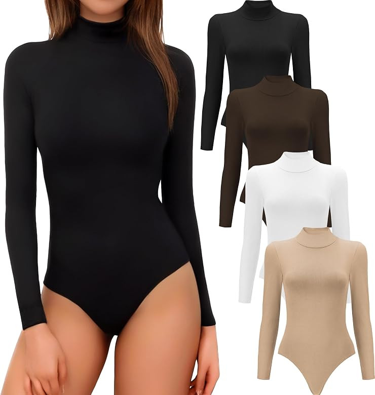 4/5 Pack Long Sleeve Bodysuit for Women Mock Turtleneck Casual Basic Stretchy Body Suits Tops | Amazon (US)