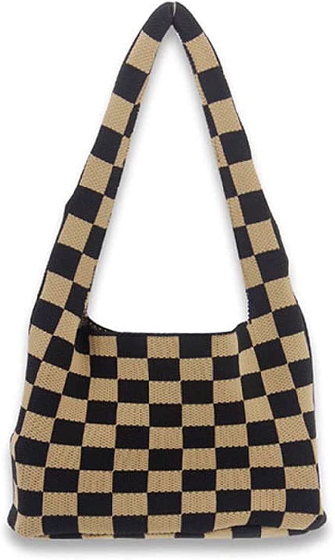 Knitted Wool Bag, Sweet Summer Trend Checkerboard Shoulder Bag, Check Stitching Tote Bag, Underar... | Amazon (US)