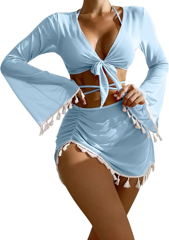 SKAYS 4 Piece Bikini Sets for Women with Wrap Coverup Bathing Suit Sexy Halter Top High Waisted T... | Amazon (US)
