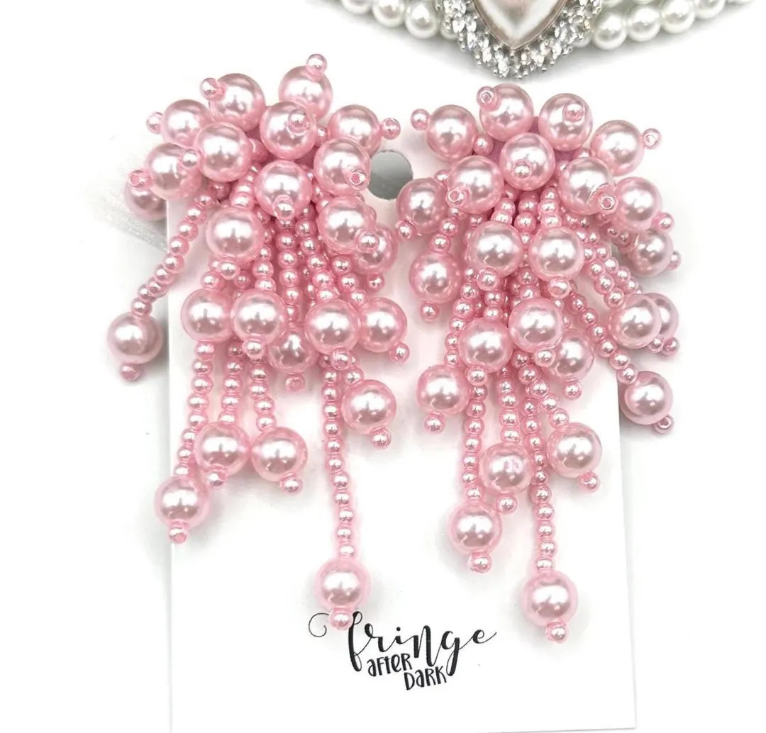 2.75" Pink pearl cluster tassel stud earrings, big pink pearl cluster prom earrings, pink pearl b... | Etsy (US)