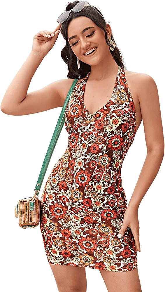 Floerns Women's Sleeveless Halter Backless Tie Back Floral Bodycon Mini Dress | Amazon (US)