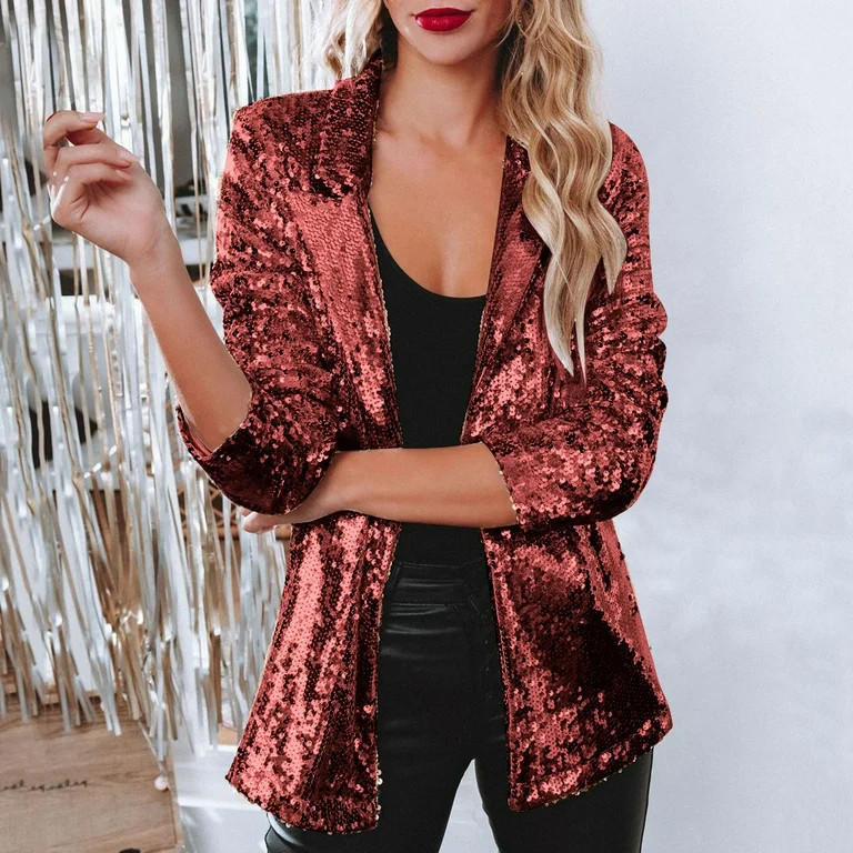 Luxalzxs Sequin Blazer for Women Shimmer Jacket Casual Long Sleeve Glitter Sparkle Party Lapel Co... | Walmart (US)