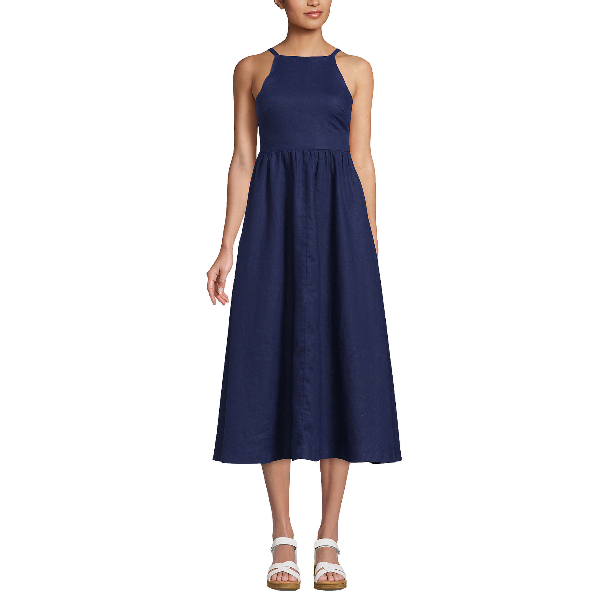 Women's Linen Sleeveless Halter High Neck Midi Dress | Lands' End (US)