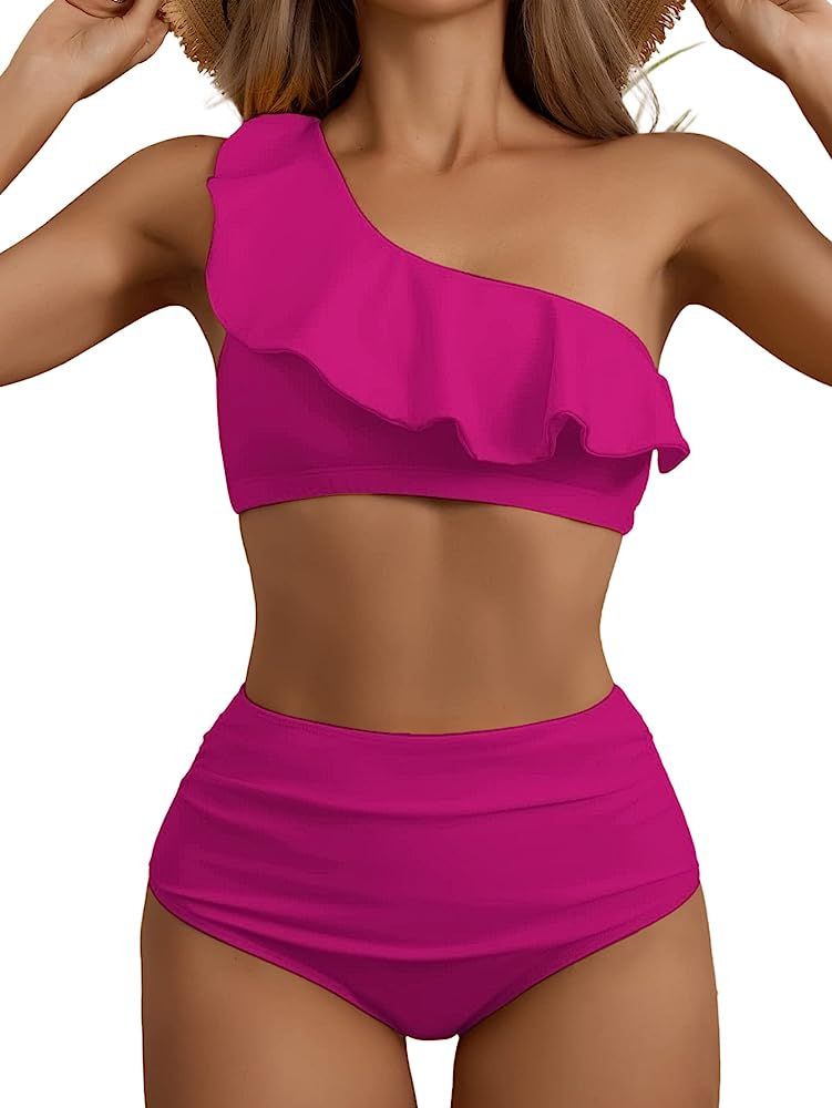 Eomenie Women One Shoulder Ruffle Two Piece Swimsuits High Waisted Tummy Control Bikini Sets 2 Piece | Amazon (US)