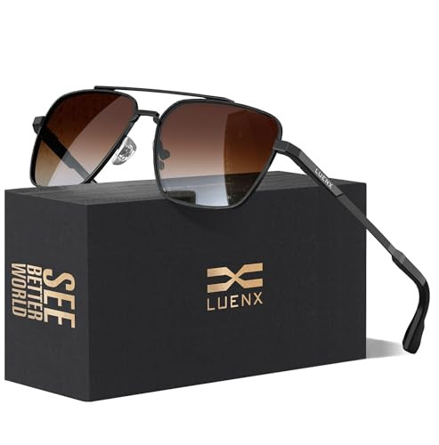 LUENX Aviator Sunglasses for Men Women, Square Polarized Polygon Gradient Amber Lens Black Metal Frame 58MM | Amazon (US)