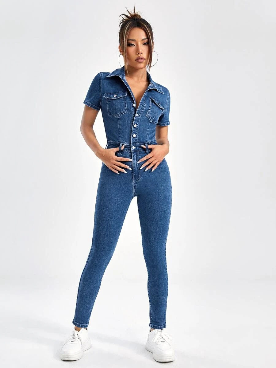 Flap Pocket Button Half Placket Denim Jumpsuit
   
      SKU: sw2207293811142488
          (5 Rev... | SHEIN
