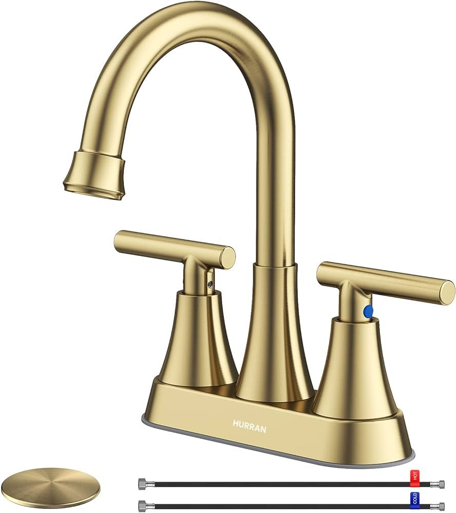 Hurran 4 inch Brushed Gold Bathroom Sink Faucet with Pop-up Drain and 2 Supply Hoses, Stainless S... | Amazon (US)