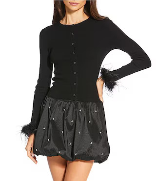 Farrah Feather Trim Crewneck Long Sleeve Sweater Cardigan | Dillard's