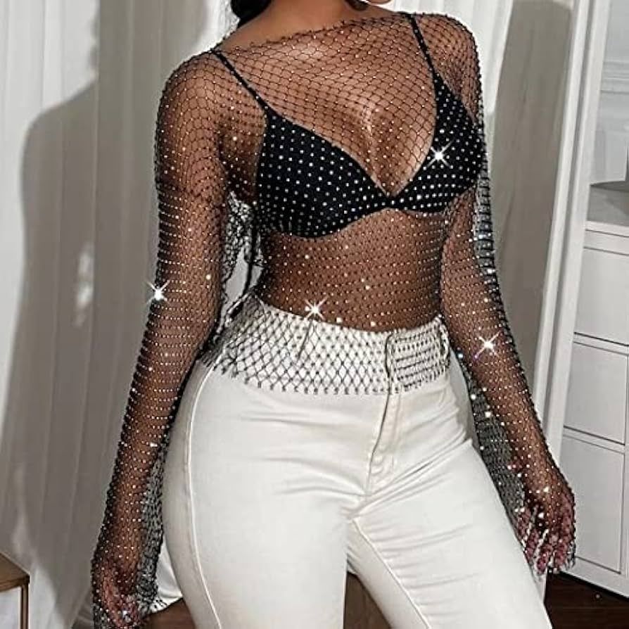 GENBREE Mesh Tank Top Rhinestone Body Chain Glitter Long Sleeve Cover up Crop Tops Elastic Fishnet B | Amazon (US)