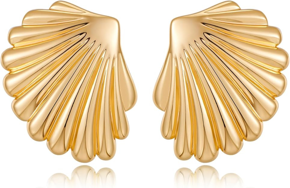Gold Large Textured Stud Earrings for Women Trendy Vintage Statement Shell Earrings Ocean Beach J... | Amazon (US)