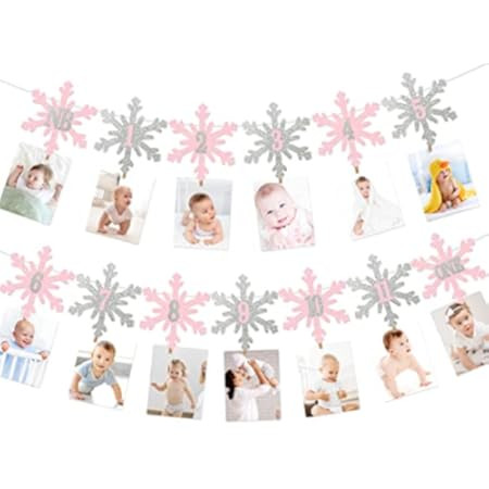 Glittery 1st Birthday Photo Banner Pink Birthday Banner Monthly Photo Banner First Birthday 12 Month | Amazon (US)