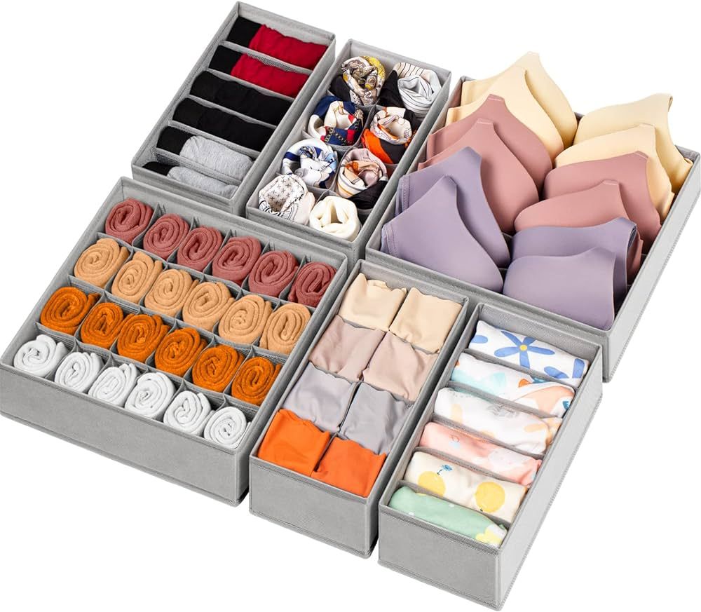 6 Pack Sock Underwear Drawer Organizer Dividers, 58 Cell Foldable Fabric Dresser Closet Organizer... | Amazon (US)