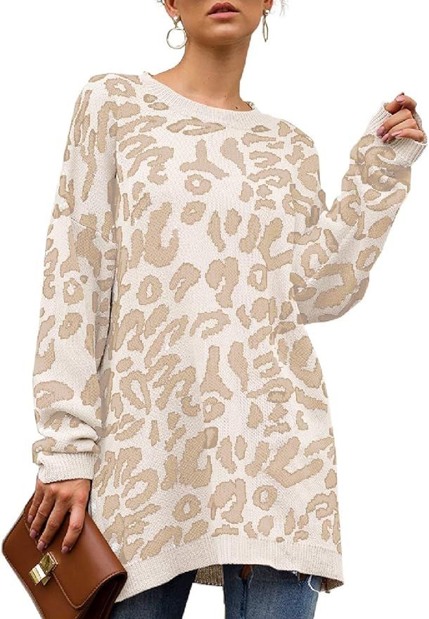 NSQTBA Womens Leopard Print Pullover Oversized Crew Neck Casual Knitted Sweater Tops S-2XL | Amazon (US)