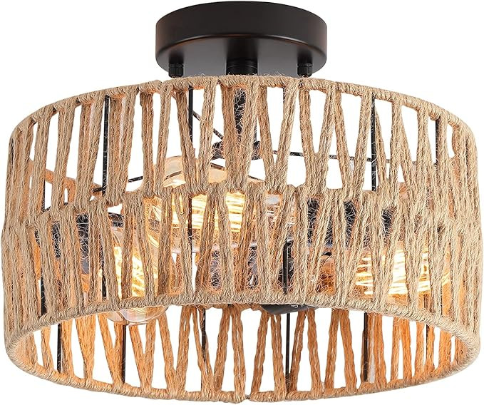 3-Light Coastal Woven Flush Mount Ceiling Light Fixture Rustic Industrial Hemp Rope Drum Semi Flu... | Amazon (CA)
