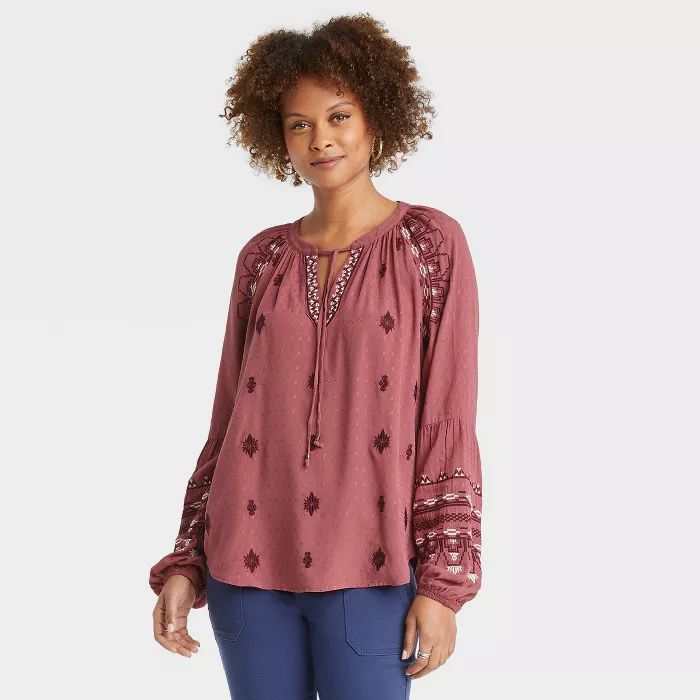 Women's Raglan Long Sleeve Embroidered Peasant Top - Knox Rose™ | Target